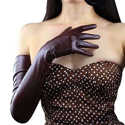 DooWay Damen Extra Lange Leder Handschuhe Kunstleder Weich für Abend Party Laufsteg Show Kostüm Kaffee Braun 70cm, dunkelbraun, 85