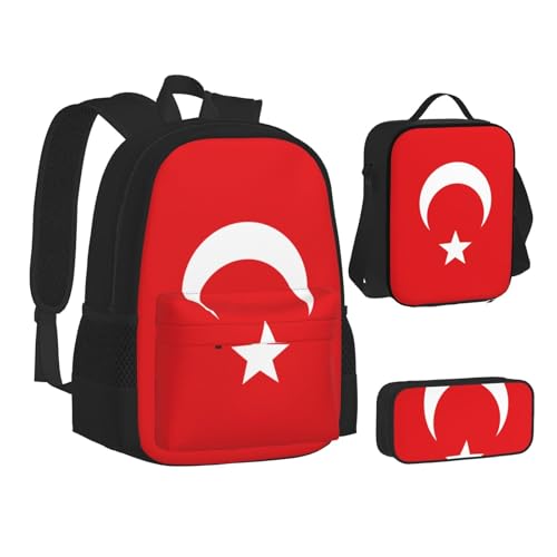 WURTON Lunchbox-Set, Motiv: Flagge der Türkei, Rucksack, 3-in-1 Rucksack und Federmäppchen, passende Kombination, Schwarz, Einheitsgröße