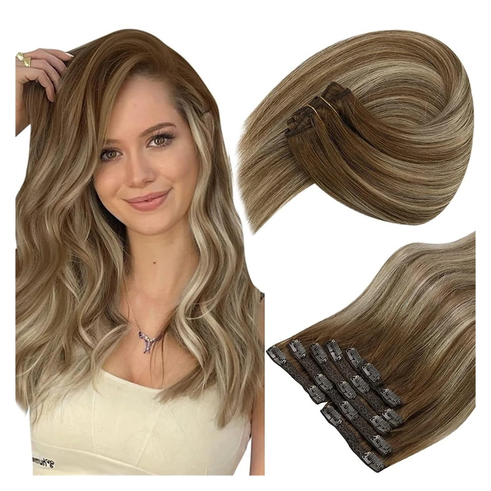 Clip-in-Haarverlängerungen 7 Stück Clip-in-Haarverlängerungen aus echtem Menschenhaar, 25,4–61 cm, Balaygae-Clip-in-Haarverlängerungen, kastanienbraun, platinblond, Echthaar-Clip-Ins for Frauen Clip-i