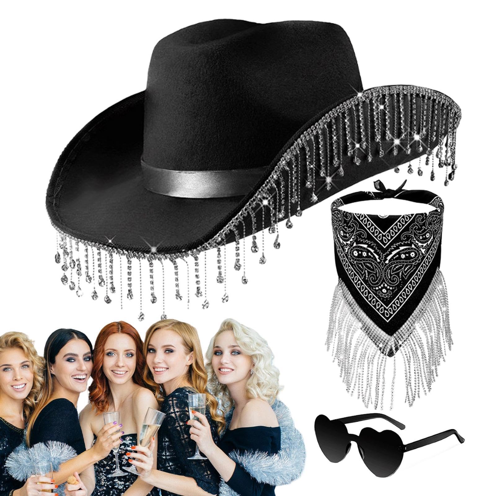 LPORF Strass-Quasten-Cowgirl-Hut, Strass-Cowgirl-Hüte für Frauen,3 Stück Cowgirl-Schal für Damen | Herz-Brillen-Set für Halloween, Maskerade, Abschlussfeier, Cosplay-Zubehör