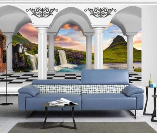 Weiße Säulen Korridor Wasserfall Berg 3D Tapete Poster Restaurant Schlafzimmer Wohnzimmer Sofa TV Dekorative Wand-300cm×210cm