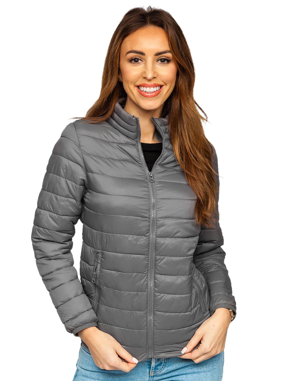 BOLF Damen Übergangsjacke Steppjacke Stehkragen Daunenjacke Reißverschluss Sportjacke Zip Wärme Freizeit Sport Basic Outdoor Casual Style 1141 Grau XL [D4D]