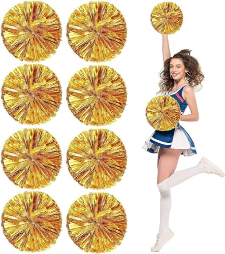 8er-Pack Pom Poms Cheerleading, Flauschige Cheerleader-Pompons mit fingerfreundlichem Ring, metallische Pom Poms Cheerleading für Kinder Erwachsene Sportwettbewerb Feiertagsfeier, golden