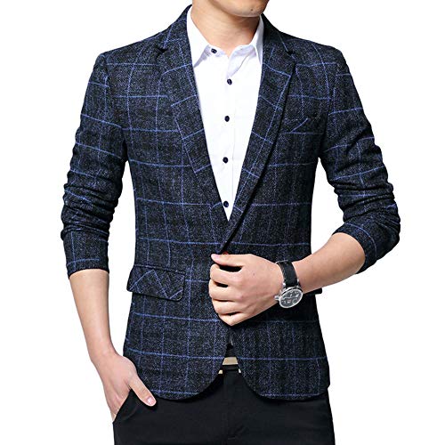 YOUCAI Herren Freizeit Sakko Slim Fit Business Hochzeit Blazers Party Herrenanzug Tartanjacke Anzugjacke Klassisch Revers Suit Blazer,Blau,XL