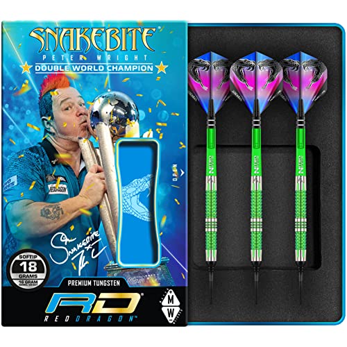 RED DRAGON Peter Wright Snakebite Mamba 2 Soft-Tip - 18g - 90% Tungsten Steel Dartpfeile mit Snakebite Flights, Schäfte & RED DRAGON Checkout Card