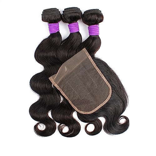 Human Hair Bundles 3 Bundles mit Verschluss, transparente Spitze, gewellt, natürliche schwarze Farbe, Echthaar-Webart-Verlängerung, 200 g/Set human hair weave (Color : 4x1 T Lace, Size : 14 14 14 wi