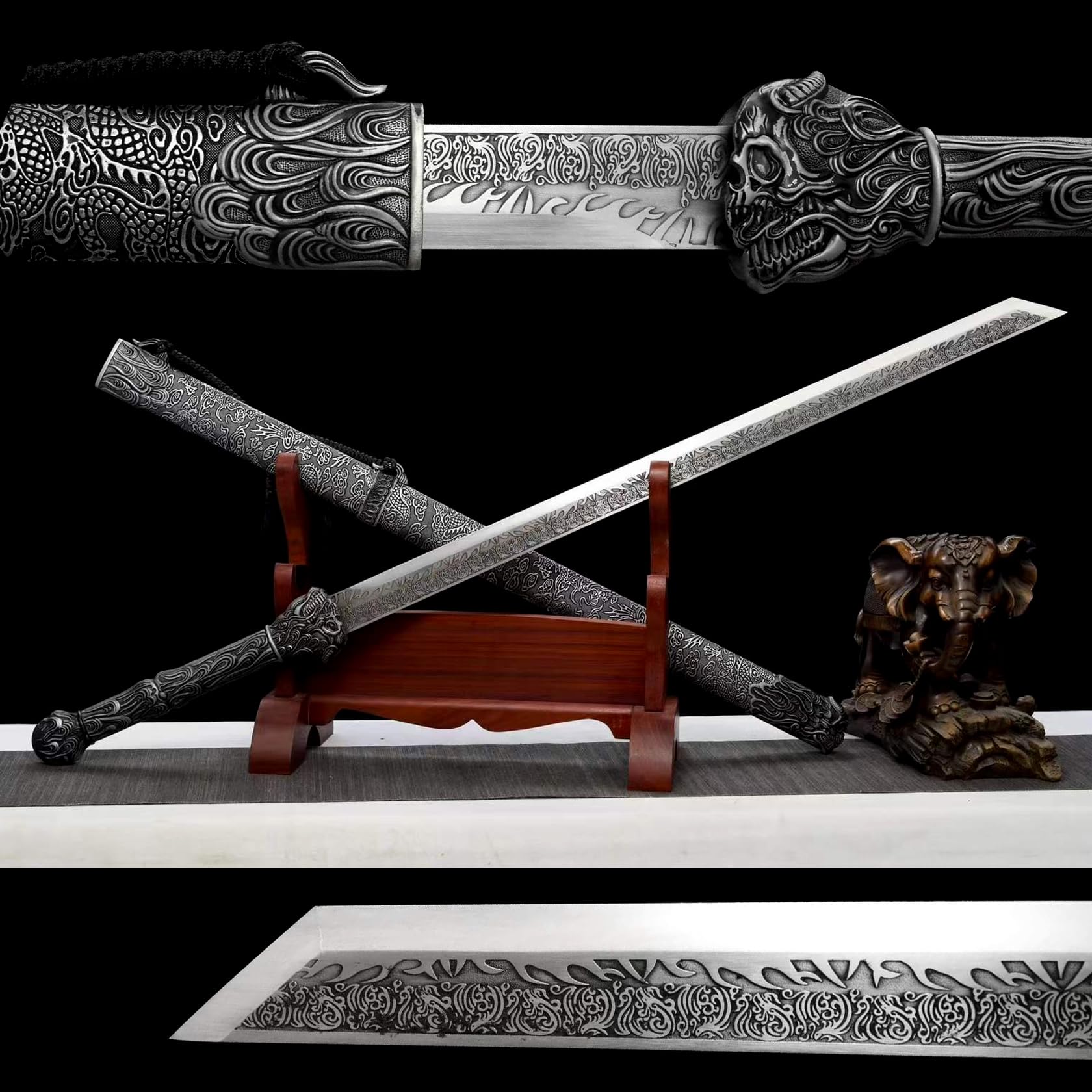 108cm Samurai Gerades Schwert,Kohlenstoffstahl Klinge mit handwerklicher Gravur,Leder umwickelte Holzscheide,Handgefertigt Katana-Schwert für Cosplay,Festival,Geschenk,Dekoration,Display