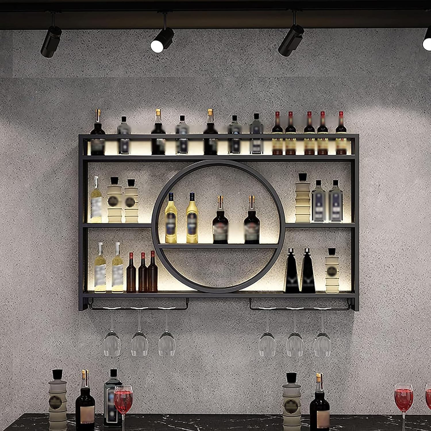 Weinregal zur Wandmontage mit Weinglashalter, modernes Weinpräsentationsregal aus Metall, industrielle Barregale, wandmontiertes hängendes Weinglas-Flaschenregal für Zuhause, Restaurant, Bar