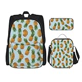 WURTON Pineapple Print Trendy Rucksack Taschen Lunchbox und Federmäppchen 3 in 1 Verstellbarer Rucksack Set, Schwarz, One Size, Schwarz, One Size, Schwarz , Einheitsgröße