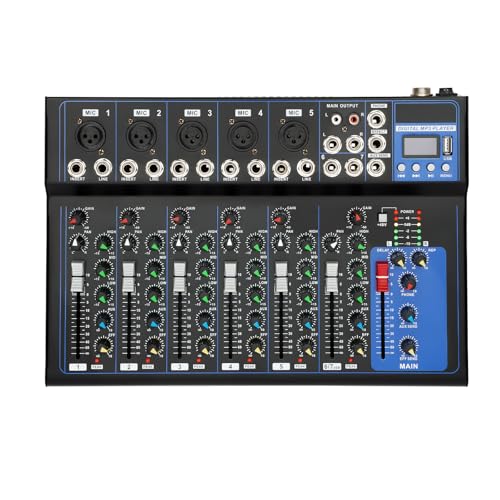 Tragbarer Bluetooth Audio Mixer, 7 Kanal Band Mischpulte mit USB-Audio-Schnittstelle, DJ Sound Mischkonsole mit MP3 Buchse für Aufnahme, DJ, Bühnen, Karaoke (7 Kanal)