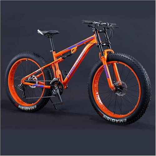 24 Ih Mountainbikes, Fat Tire Mountain Trail Bike für Erwachsene Jungen und Mädchen, Dual-Suspension-Fahrrad, Rahmen aus Kohlenstoffstahl, rutschfeste Offroad-Bikes,Orange,27 Gänge