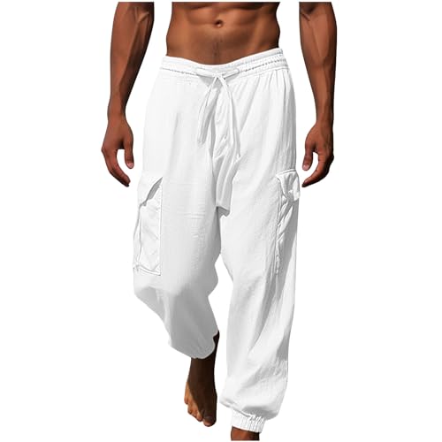 CSHE Herren-Jogginghose Leinenhose mit Langen Seitentaschen Atmungsaktive Sommer-Jogginghose Lockere Und Bequeme Haremshose Pumphose mit Weitem Bein Einfarbige Freizeithose Pants