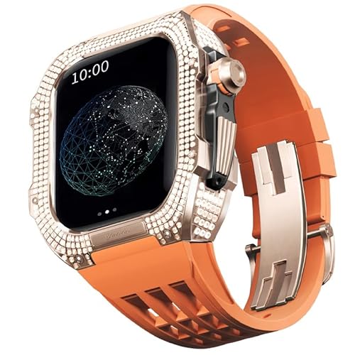 KANUZ Uhren-Modifikationsset, Luxus-Uhrenarmband-Set für Apple Watch 8 Ultra, 45 mm, luxuriöses Viton-Armband, Titangehäuse für iWatch 7, 8, 45 mm, Upgrade-Modifikation (Farbe: Orange 2, Größe: 45 mm)