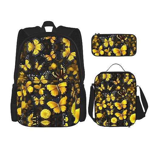 WURTON Gelbe Blumen Schmetterlinge Druck Reise Lunchbox Federmäppchen Rucksack Set 3 Stück Verstellbare Träger Leicht, Schwarz, Einheitsgröße, Schwarz , Einheitsgröße