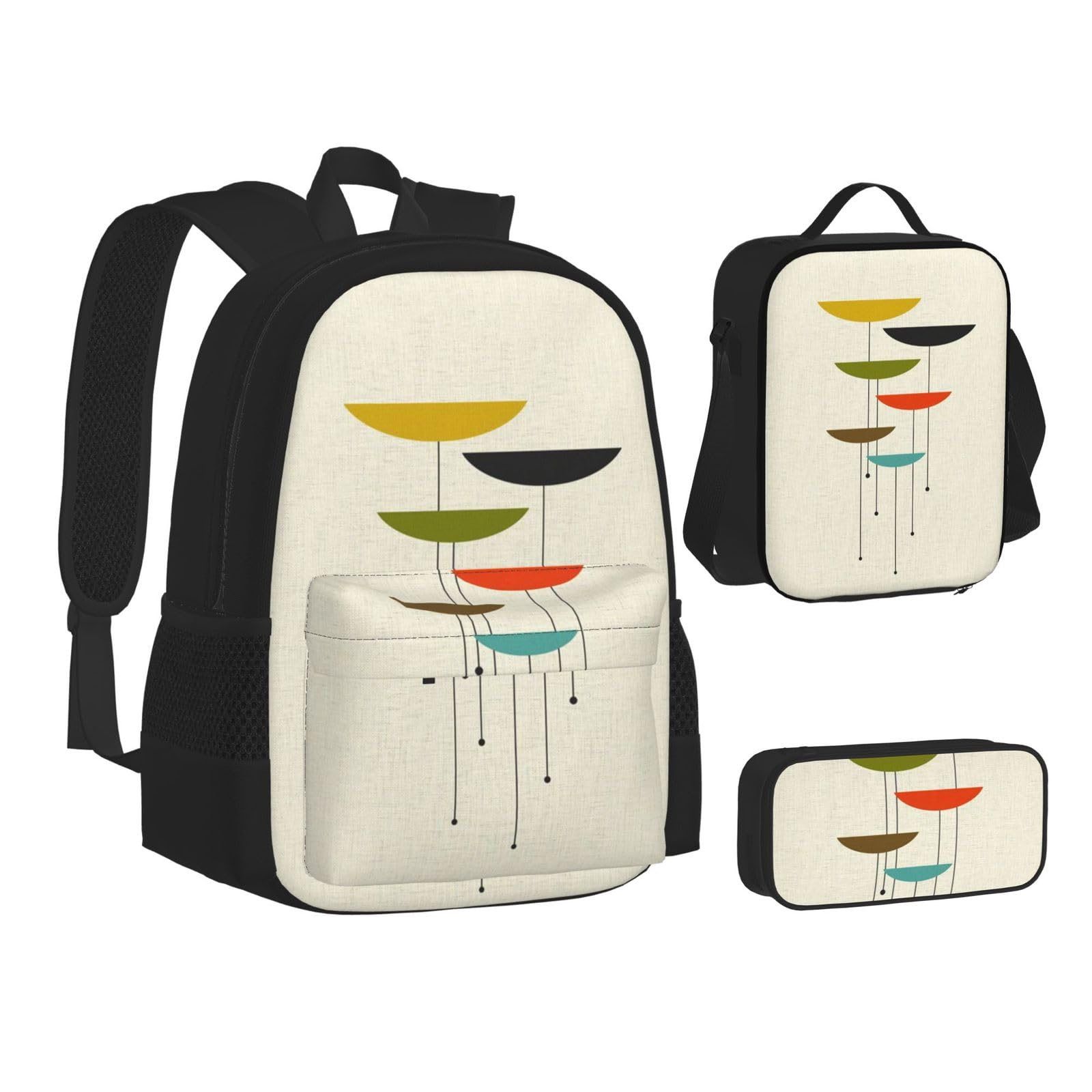 WURTON Büchertasche mit himmlischem Nachthimmel-Aufdruck, Lunch-Tasche, Federmäppchen, 3-in-1, Schulrucksack-Set, Kinderrucksack, Moderne Drucke von Mid Century, Einheitsgröße