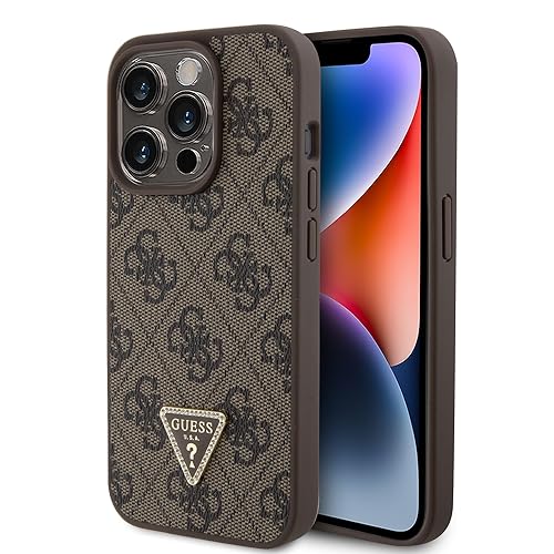 Guess GUHCP15LP4TDPW Hülle für iPhone 15 Pro 6.1" braun hardcase Leather 4G Triangle Strass