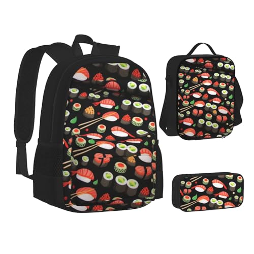 WURTON Japanischer Sushi-Garnelen-Rucksack für Teenager, 3-in-1 (Federmäppchen + Schultasche + Lunchtasche)