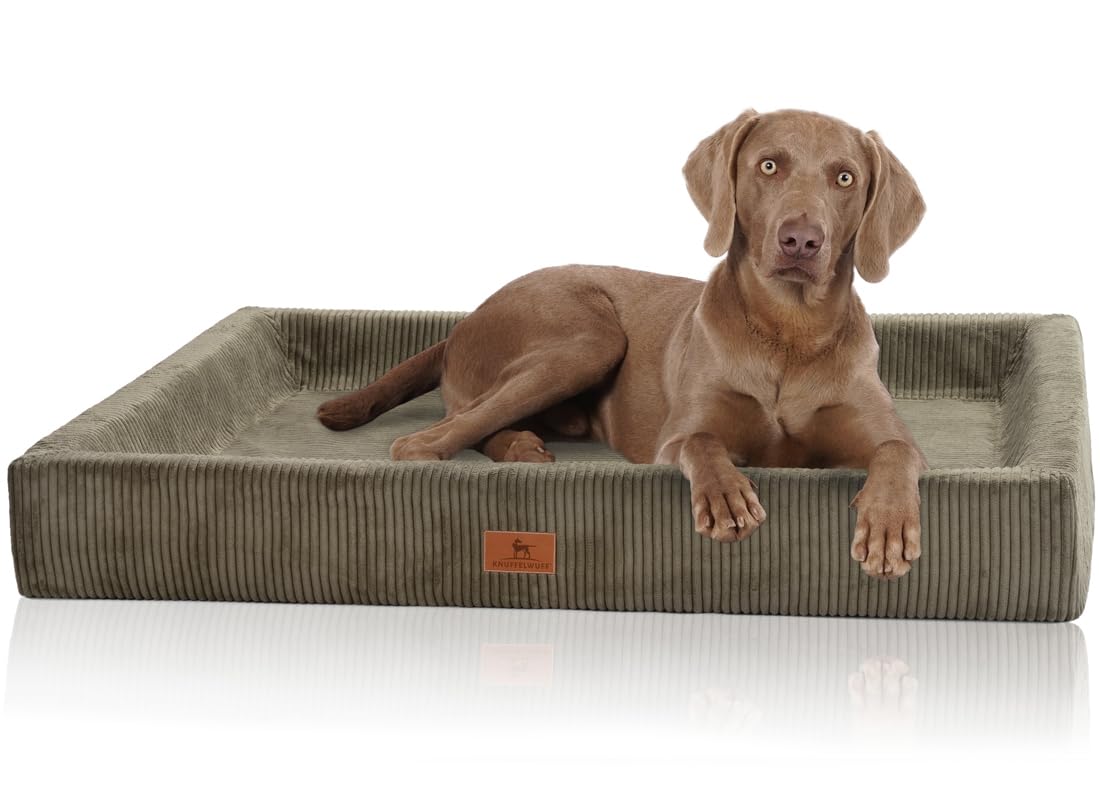 Knuffelwuff orthopädisches Hundebett aus Cord mit Handwebcharakter Santiago XXL 120 x 100cm Khaki - abnehmbarer Bezug - waschbar - für große, mittelgroße und kleine Hunde