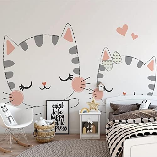 XLMING Cartoon Rosa Handgemalte Katze An Der Wand Küche Esszimmer Arbeitszimmer Wohnzimmer TV Hintergrund Wand 3D Tapete-350cm×256cm