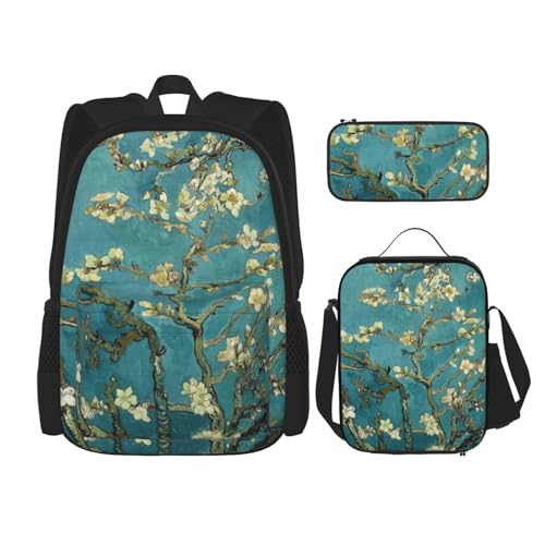 WURTON Rucksack mit Mandelblüten-Druck, 3-in-1, Büchertaschen-Set, Lunchbox, Federmäppchen, Reise-Laptop-Tagesrucksäcke, Schwarz, Einheitsgröße