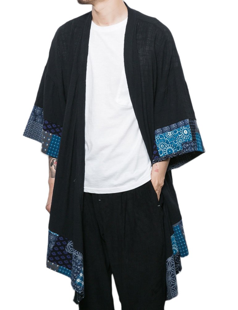 Idopy Männer `s Weinlese-Baumwollleinen-Mantel-Poncho-Kap-Mantel-Wolljacke, US M-Tag XL, Schwarz