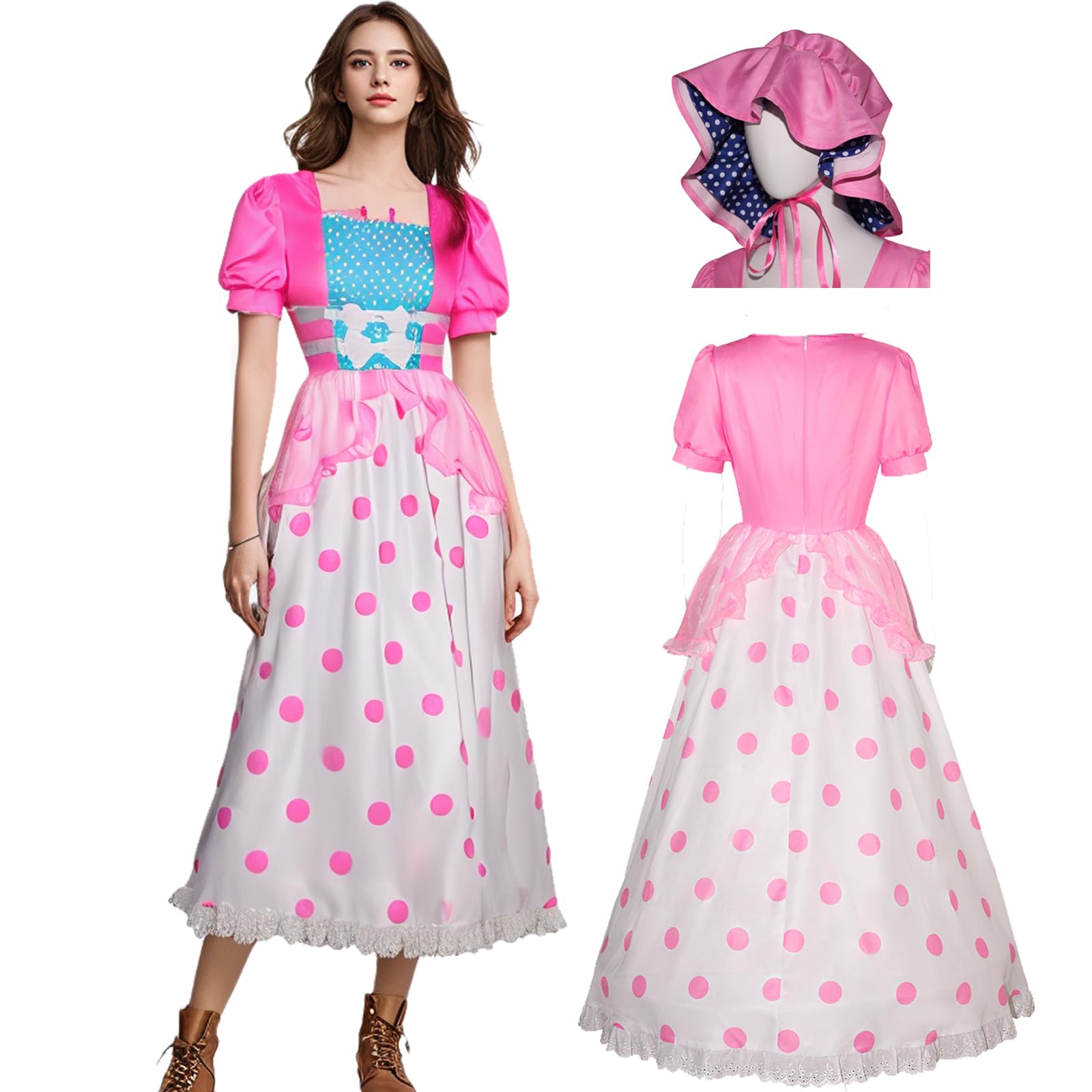 AYYOHON Little Bo Peep-Kostüm für Damen mit rosa und blauer Motorhaube, gepunkteter Rock, Kleid, Halloween, Schäferin, Outfit, Größe 3XL