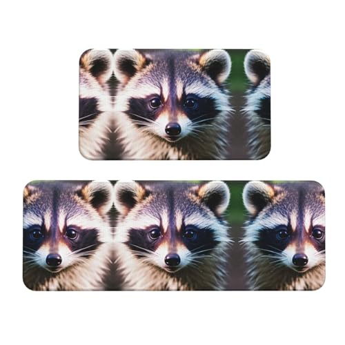 YQxwJL Little Raccoon Face 1 Küchenteppich, rutschfeste Küchenmatte, 2er-Set, bequeme Stehmatten für Küche, Büro