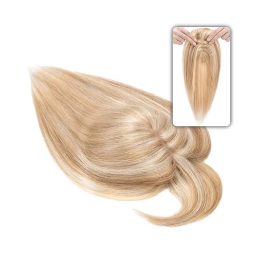 Haartopper für Frauen 6"-18" glattes Echthaar-Topper-Haarteil mit Pony, 7 * 12,5 cm Haar-Topper auf Seidenbasis for Frauen mit schütterem Haar oder Haarausfall, 3-fach einsteckbar Haarteil Topper Toup