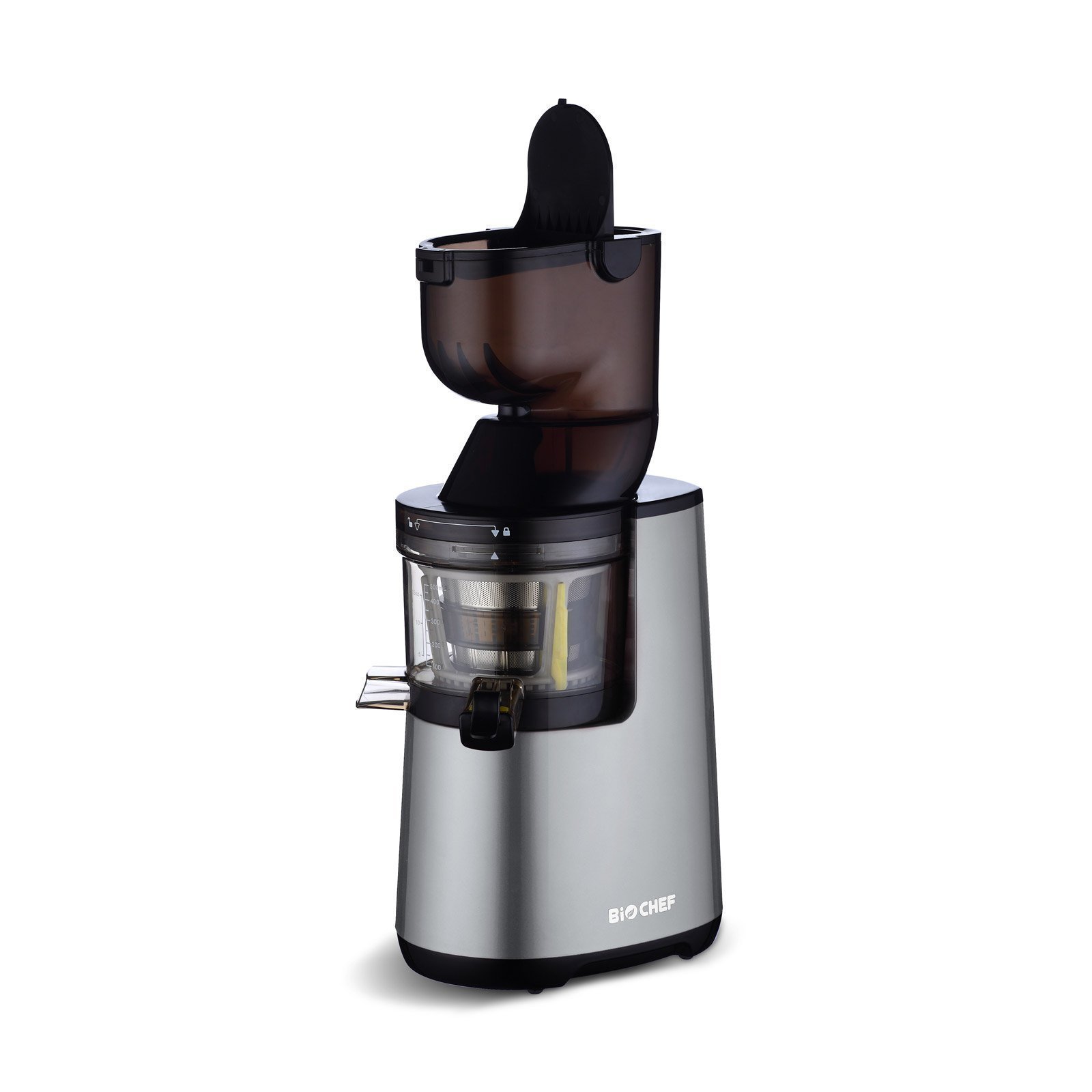 BioChef Atlas Whole Slow Juicer - Für ganze Früchte/Entsafter / 250W / mit dualem breitem Einfüllsystem und lebenslanger Garantie auf den Motor - Silber