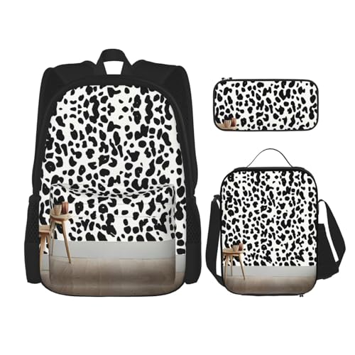 WURTON Leopard gemusterte Tapetendruck Lunchbox Federmäppchen Rucksack Set 3 Stück verstellbare Träger langlebig leicht schwarz Einheitsgröße, Schwarz, One Size