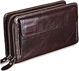 VSULZVNU Herren-Clutch, Rindsleder, echtes Leder, lange Geldbörse, Business-Geldbörse, großes Fassungsvermögen, Doppelreißverschluss, Handytasche für Herren, D, 1