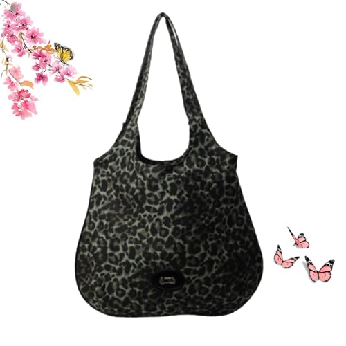 Tragetasche mit Leopardenmuster, große Kapazität, Schultertasche aus Segeltuch, lässige Handtasche, Hobo-Tasche für Schule, Arbeit, Reisen, grün, M, Lässiger Tagesrucksack