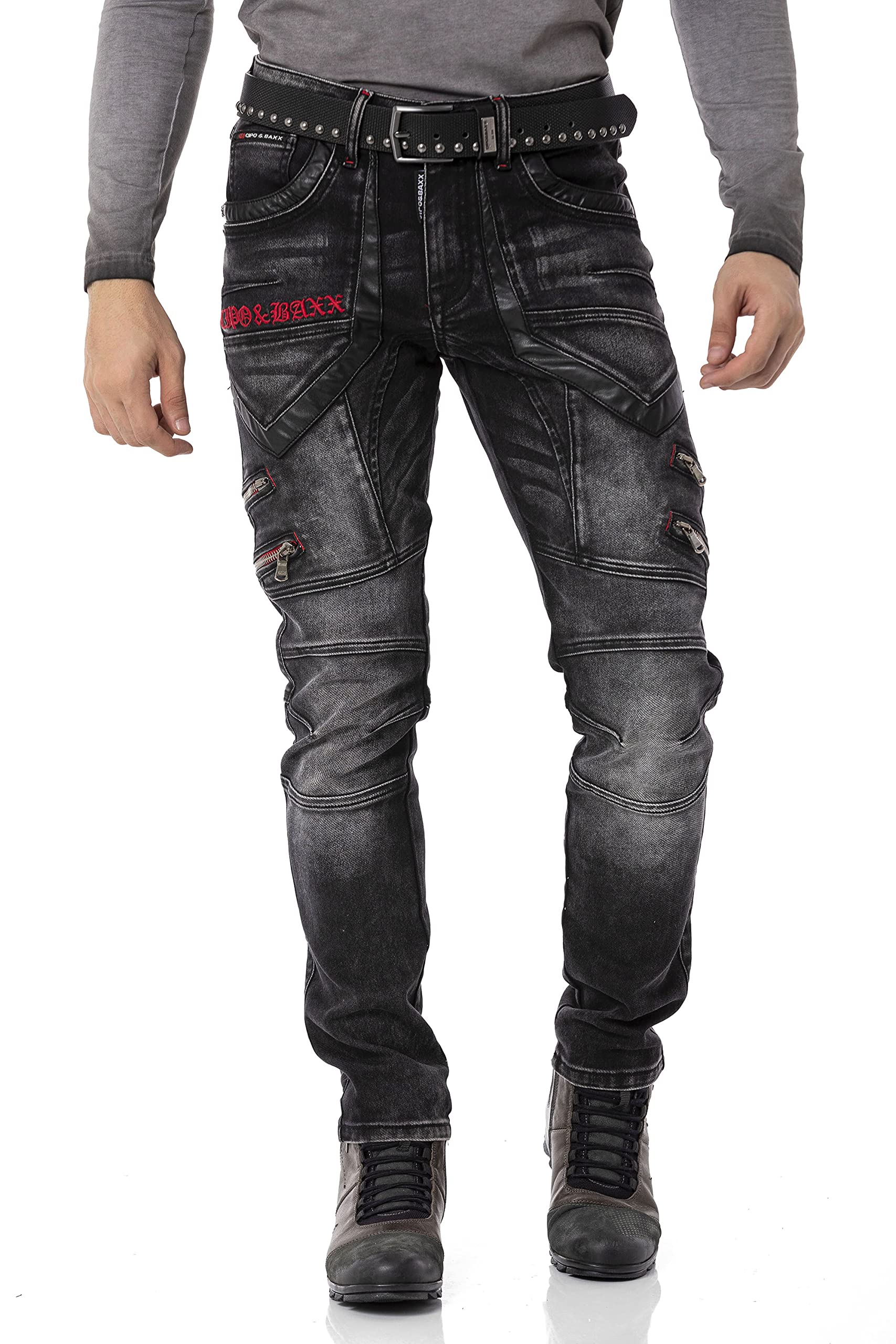 Cipo & Baxx Herren Jeans Hose Reißverschluss Straight Fit Kunstleder Denim Pants CD795 Schwarz W42 L32