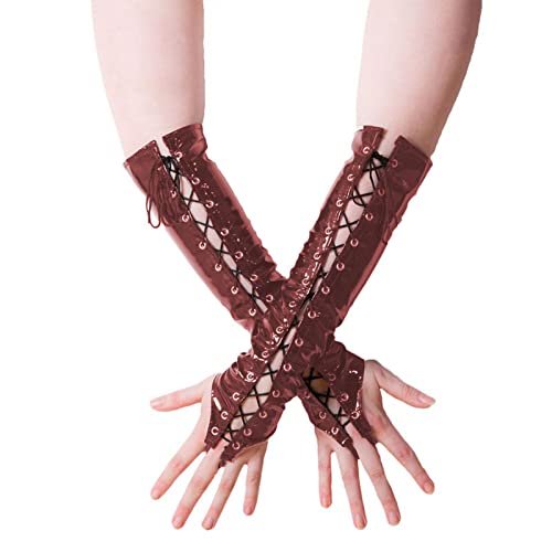 Fingerlose Handschuhe für Damen, aus PVC, zum Schnüren, für Cosplay, Zubehör, Dunkelrot, Größe M