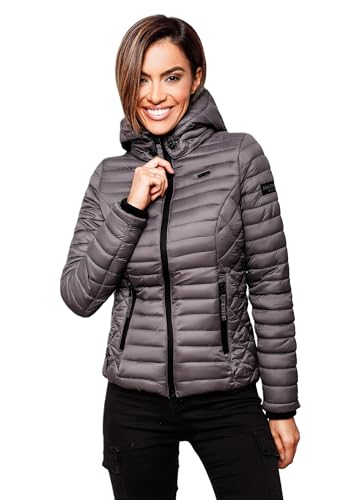 MARIKOO Damen Jacke Steppjacke Übergangsjacke mit Kapuze gesteppt B600 [B600-Samt-Anthrazit-Gr.S]