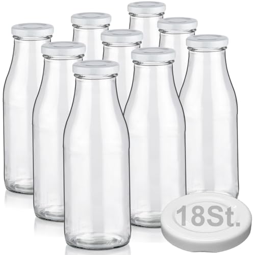 Geniess-Bar! 9 Milchflaschen 500ml mit 18 Deckel BPA frei Saftflaschen Glasflaschen 0,5L auch mit 2/4/6/12/20 Flaschen Weithalsflaschen leer zum Befüllen Schraubdeckel