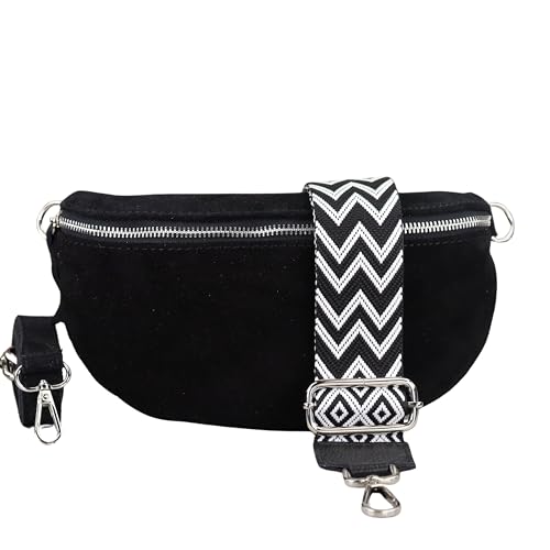 BLADE Bauchtasche Damen, Handgemachte Wildledertasche, Crossbody Bag, Gürteltasche Echtes Leder mit 2 abnehmbaren/verstellbaren breiten Gürteln, Umhängetasche aus Italien, Geschenk für Sie -Schw