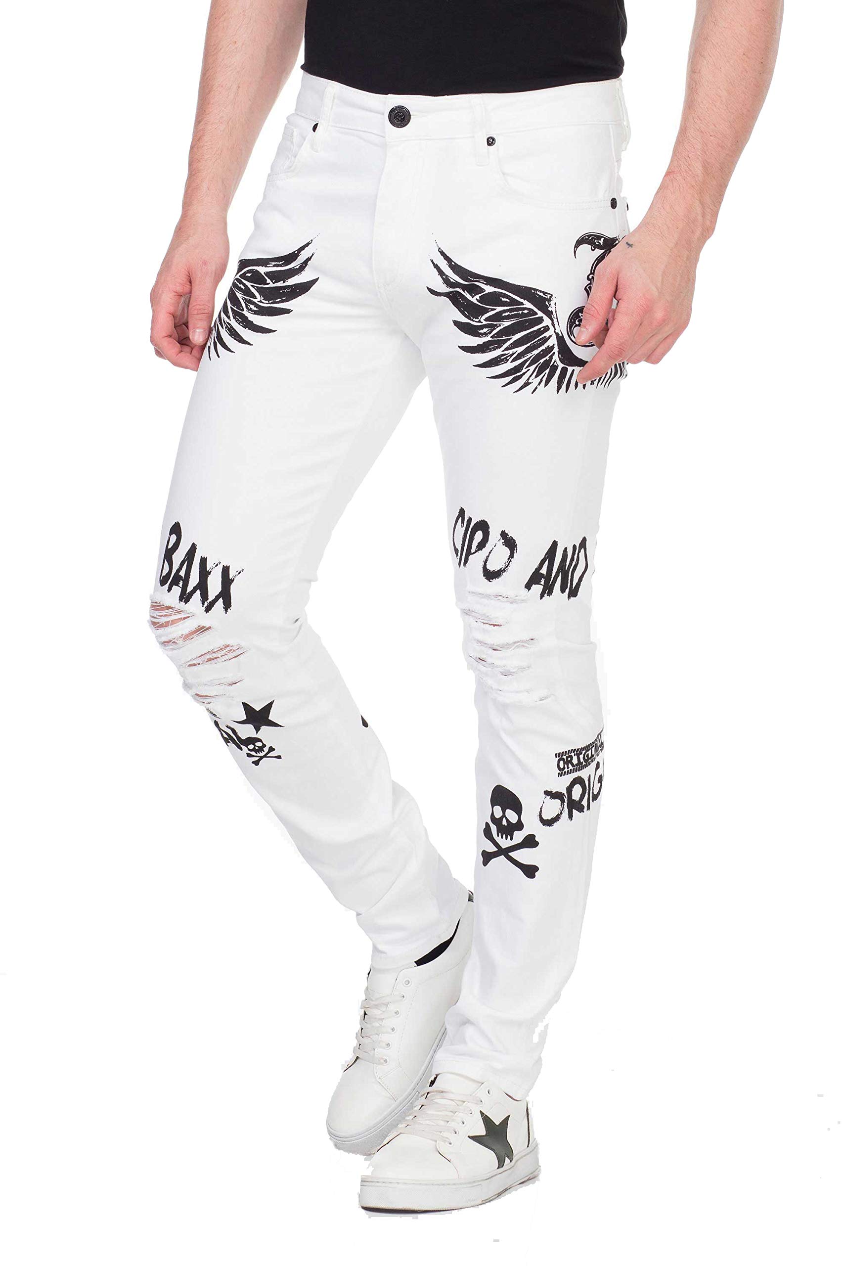 Cipo & Baxx Herren Jeans Destroyed Slim Fit Design Hose Stylische Hose mit Print und Totenkopf Weiß W31 L32