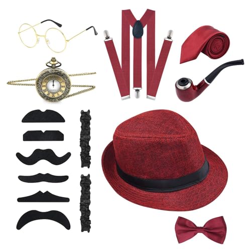 Oadnijuie Gangster-Kostüm für Herren, Rollenspiel, Party, Fedoras, Hut, Fliege, Schnurrbärte, Taschenuhr, 1920er-Jahre-Kostüm, Zubehör, Maskeraden, Partyzubehör