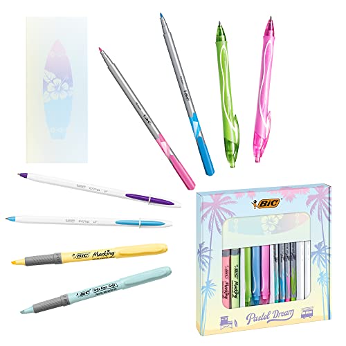 BIC Schreibwaren Set: 4 Kugelschreiber, 4 Fineliner pastell, 3 Tintenroller, 1 Notizblock & 4 Pastell Marker, Pastel Dream, Ideal als Geschenk zur Einschulung