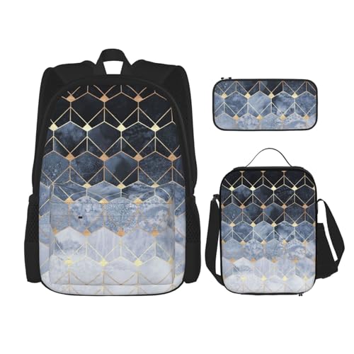 WURTON Blaue Sechsecke und Diamanten Druck Reise Lunchbox Federmäppchen Rucksack Set 3 Stück Verstellbare Träger Leicht