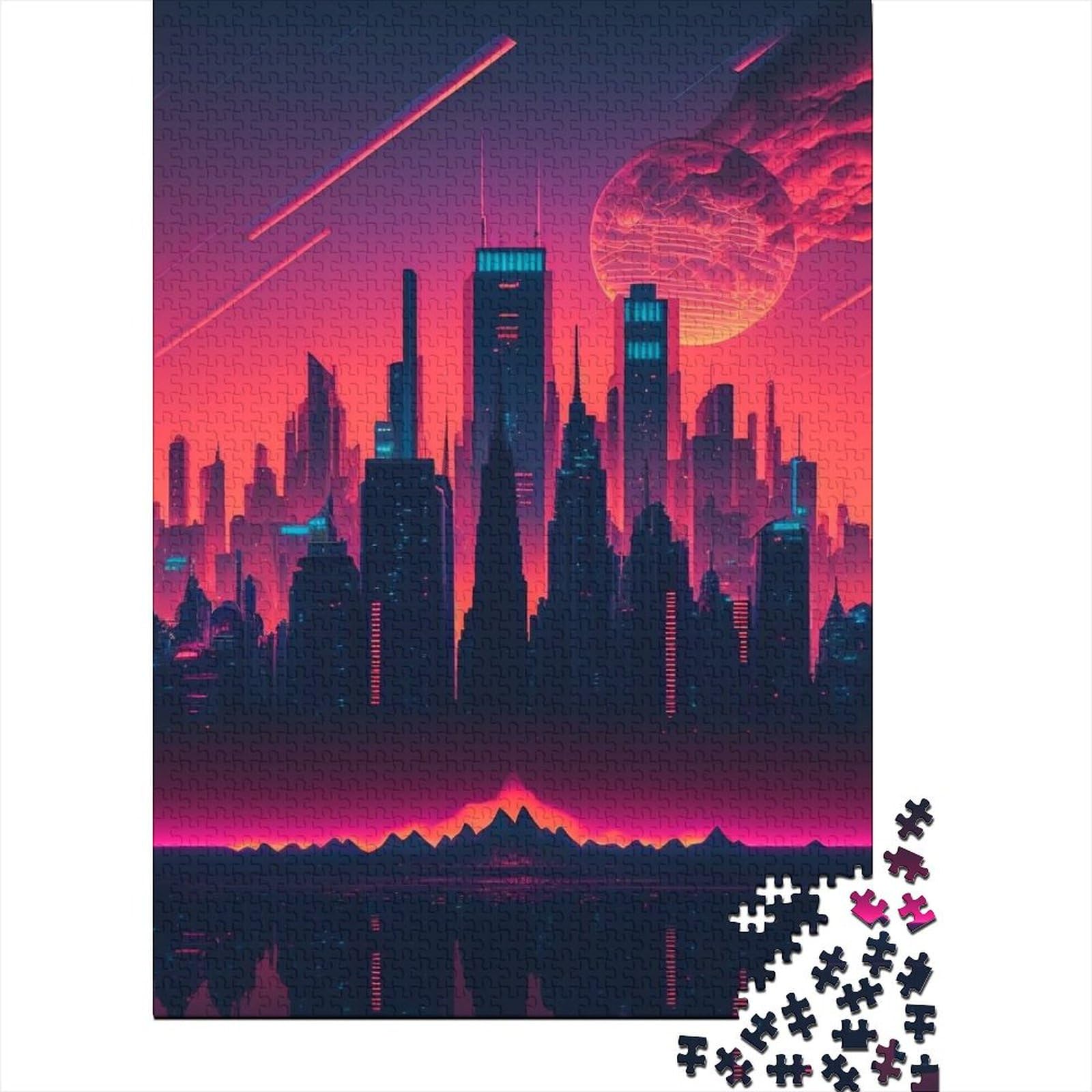 Synthwave City Holzpuzzle Puzzles für Erwachsene und Jugendliche 1000 Teile Puzzles für Erwachsene Denksportaufgaben für Erwachsene 29,53x19,69 Zoll