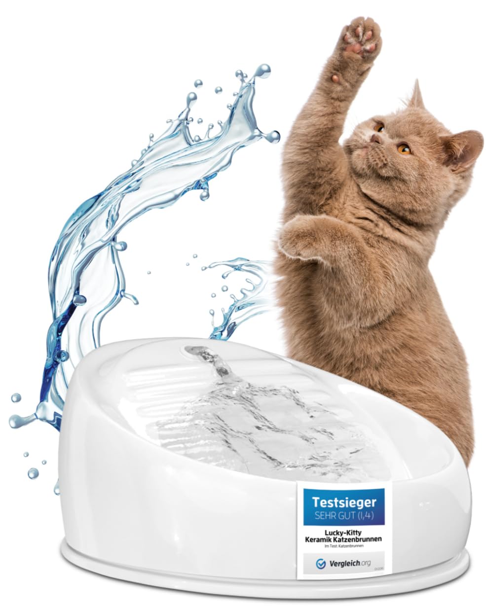 Lucky-Kitty Trinkbrunnen für Katze weiß I Katzenbrunnen Keramik Handarbeit, hygienisch I Kein Aufladen, kein Filter-Tausch I Trinkbrunnen leise & energiesparend I Wasserspender Katzen plastikfrei