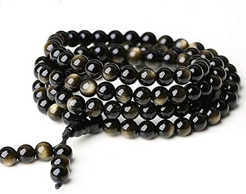 Buddhistische Gebetsperlen, China-Buddha-Perlen, Naturstein-Armband, 108 Perlen, Eisgold-Obsidian/Schwarzgold-Obsidian/Teekristall-Halskette, elastisch, for Yoga, buddhistischer Rosenkranz-Gebetsanhän