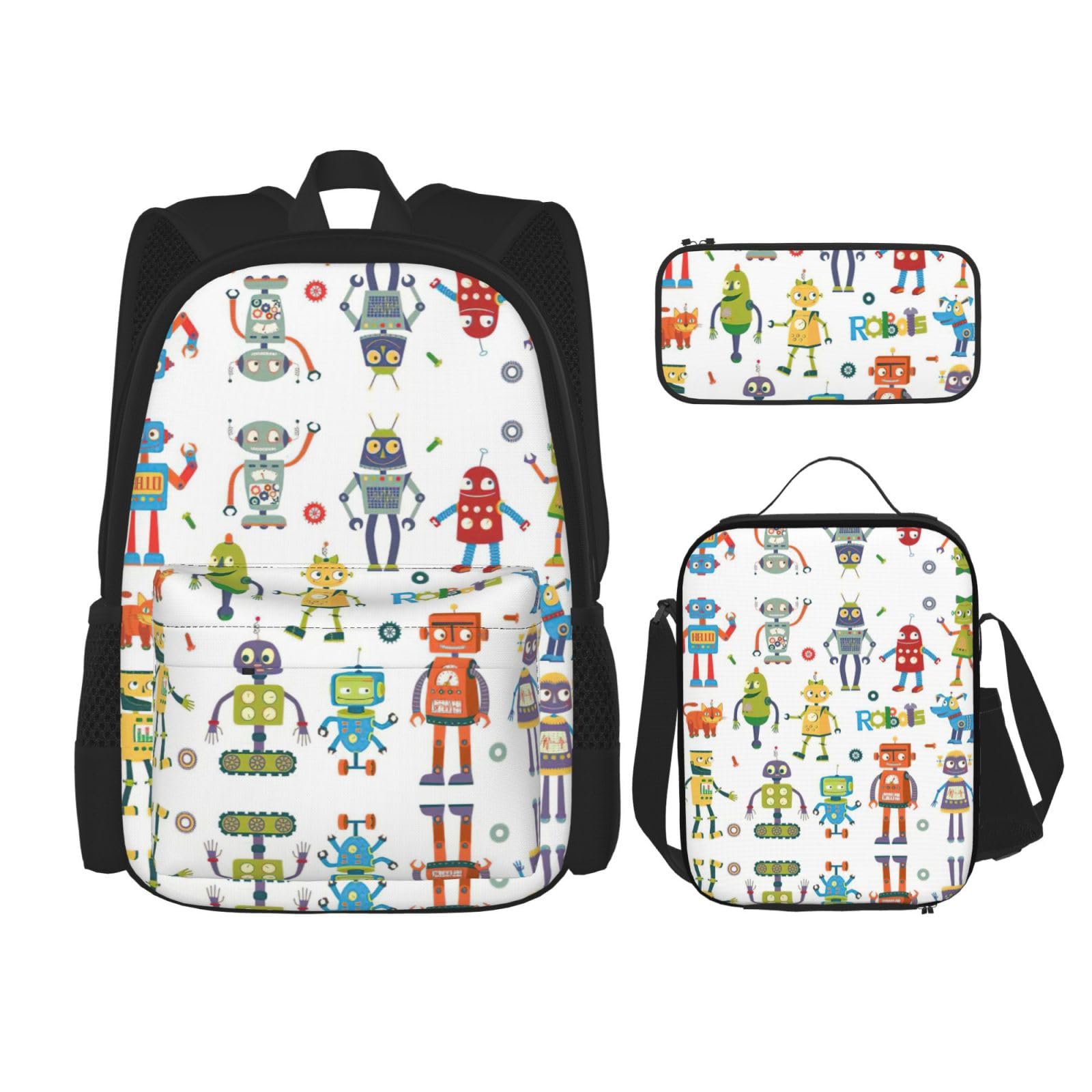 WURTON Rucksack mit niedlichem Cartoon-Roboter-Druck, für Mädchen, Jungen, Schultaschen, Teenager, Lunchbox und Federmäppchen, 3-in-1-Büchertaschen-Set