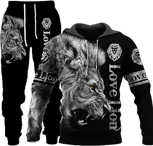 RIAAJ Herren Lion Tiger Colour Jogging Anzug Trainingsanzug Sportanzug Fitness Sporthose Hose Hoodie (A5,L)