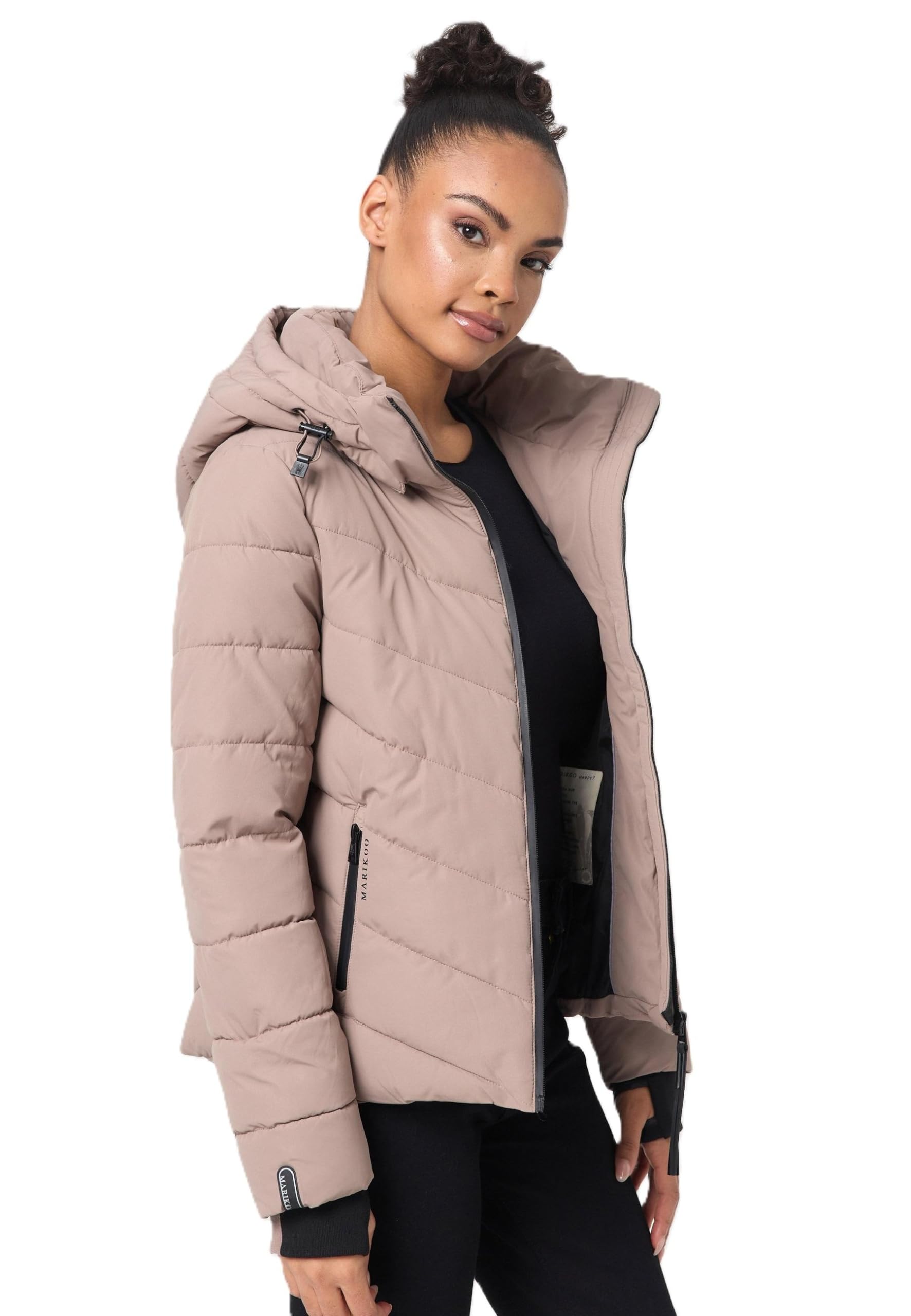 MARIKOO Winterjacke Damen (XS-3XL) - Wasserabweisend, Warm, Kapuze abnehmbar, Winddicht - Steppjacke, Frauen - Stehkragen, 4 Taschen, verlängerter Zipper - Taupe Grey L