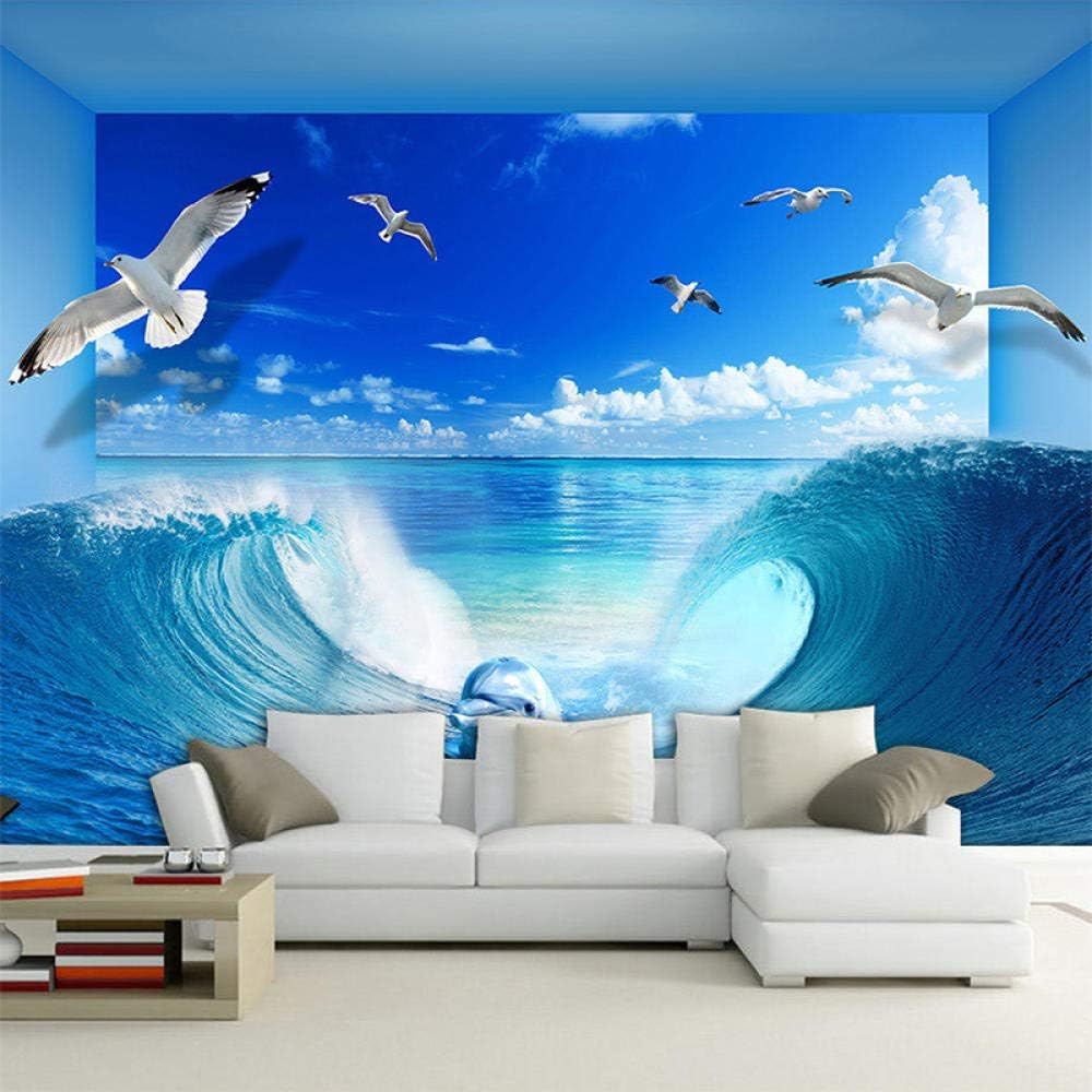 Wellen Delphine Vögel Blauer Himmel Weiße Wolken 3D Tapete Poster Restaurant Schlafzimmer Wohnzimmer Sofa TV Dekorative Wand-430cm×300cm