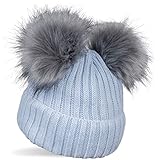 styleBREAKER Kinder Strick Bommelmütze mit 2 Kunstfellbommel und Fleece Futter, Winter Mütze, Strickmütze, 2-5 Jahre 04024203, Farbe:Hellblau