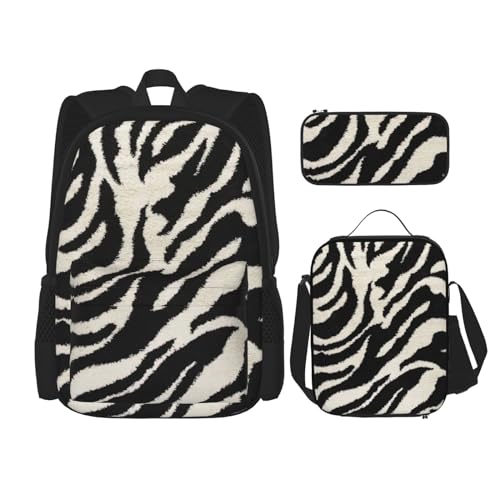 WURTON Zebra Tierdruck Reise Lunchbox Federmäppchen Rucksack Set 3 Stück Verstellbare Träger Leicht